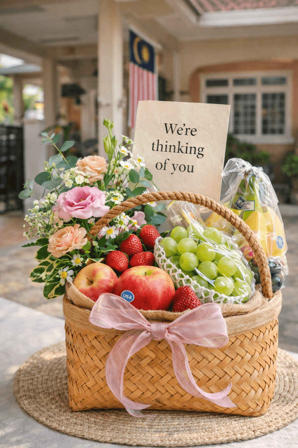 A handcrafted fruit and flower basket by Fruit Basket Malaysia